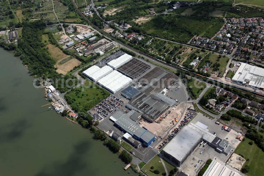 Budenheim from the bird's eye view: Local view of Budenheim in the state of Rhineland-Palatinate, a specialized manufacturing company for phosphate. In 2012 the factory employed about 680 people and there were produced about 1000 items with a total of approx. 230,000 tonnes