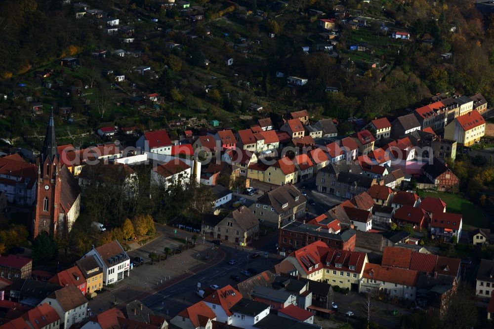 Burg Stargard from above - View of the town of Burg Stargard with old manor houses and church in the state of Mecklenburg-Western Pomerania