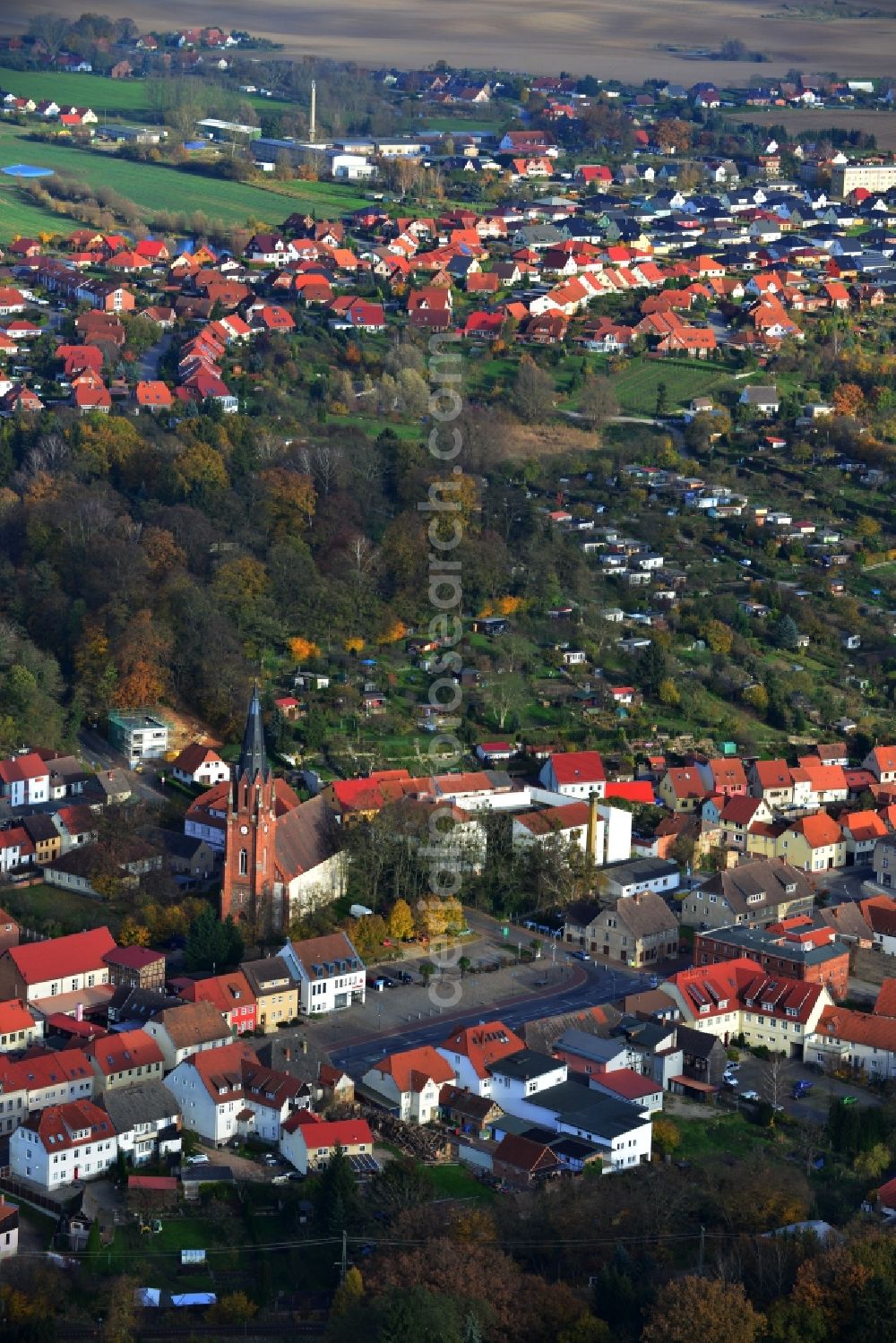 Burg Stargard from above - View of the town of Burg Stargard with old manor houses and church in the state of Mecklenburg-Western Pomerania