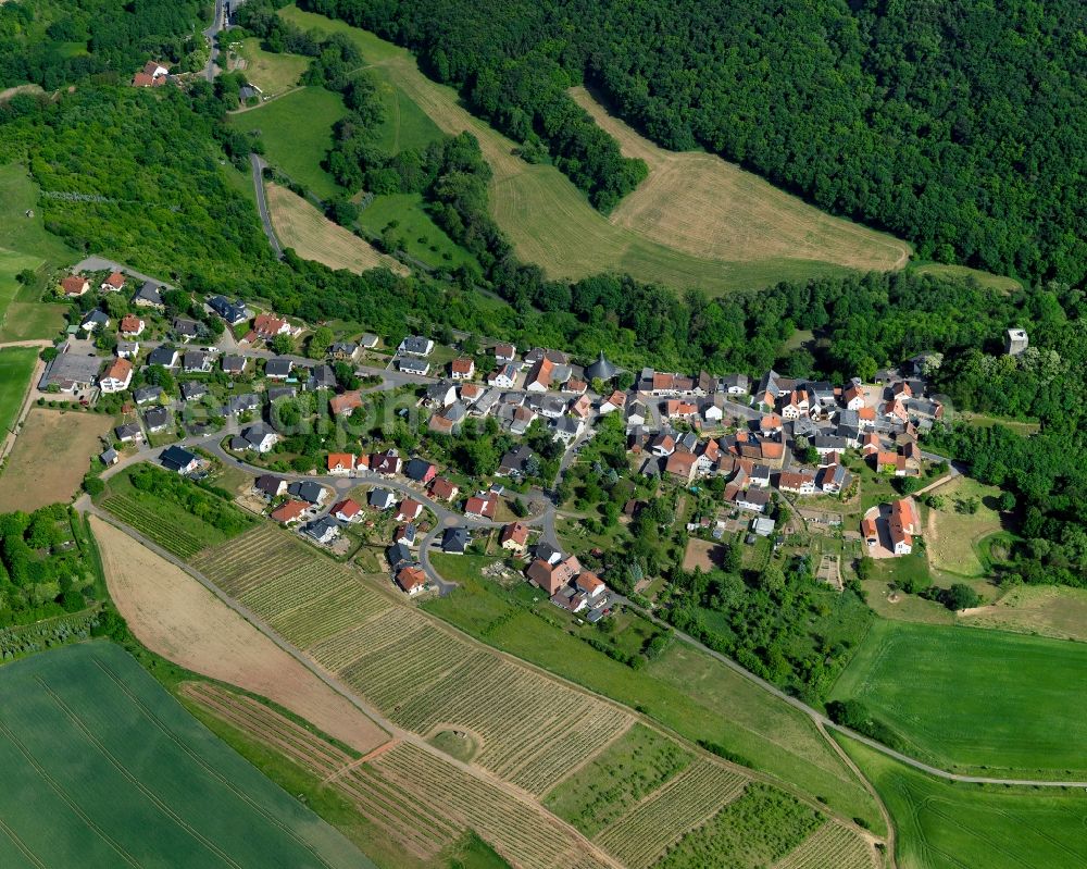 Aerial photograph Burgsponheim - View of Burgsponheim in the state of Rhineland-Palatinate. Burgsponheim is a borough and municipiality in the county district of Bad Kreuznach. It used to be an important wine-growing village and is surrounded by agricultural land and hills