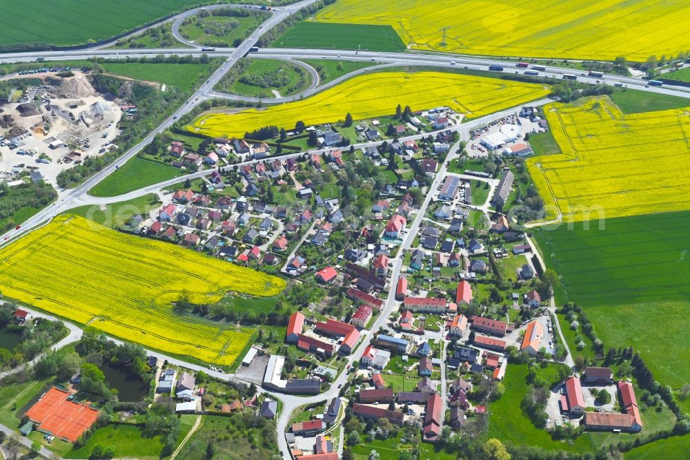 Burk from above - Town View of the streets and houses of the residential areas along Nimschuetzer Strassr in Burk in the state Saxony, Germany