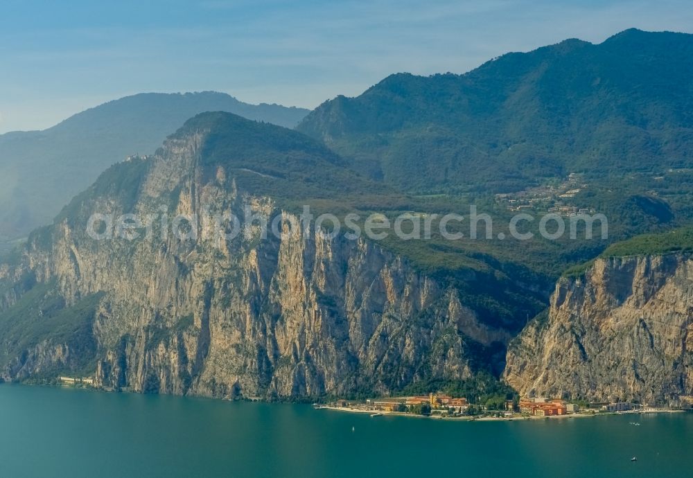 Aerial image Campione - Town View of the streets and houses of Campione del Garda at the garda sea in Campione in Lombardia, Italy