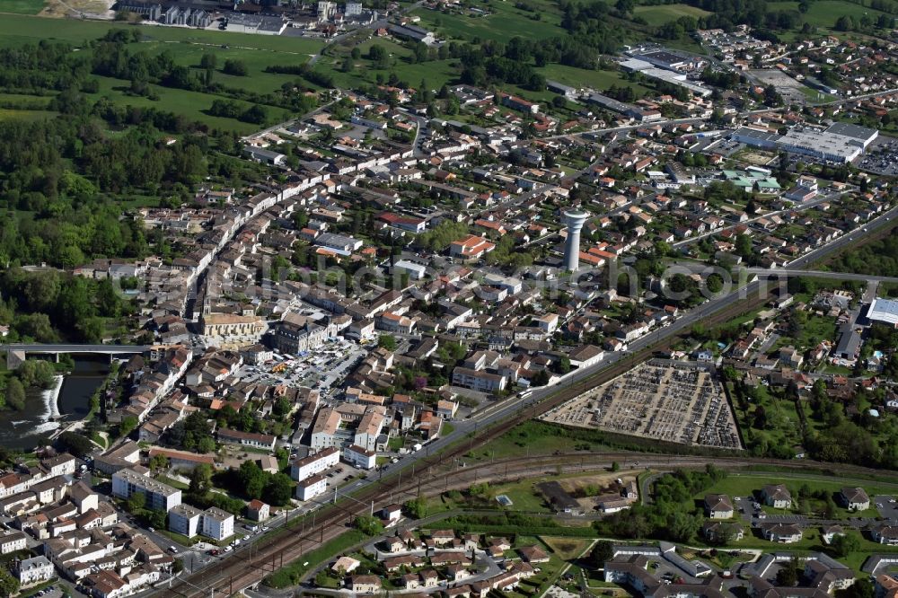 Aerial image Coutras - Town View of the streets and houses of the residential areas in Coutras in Aquitaine Limousin Poitou-Charentes, France