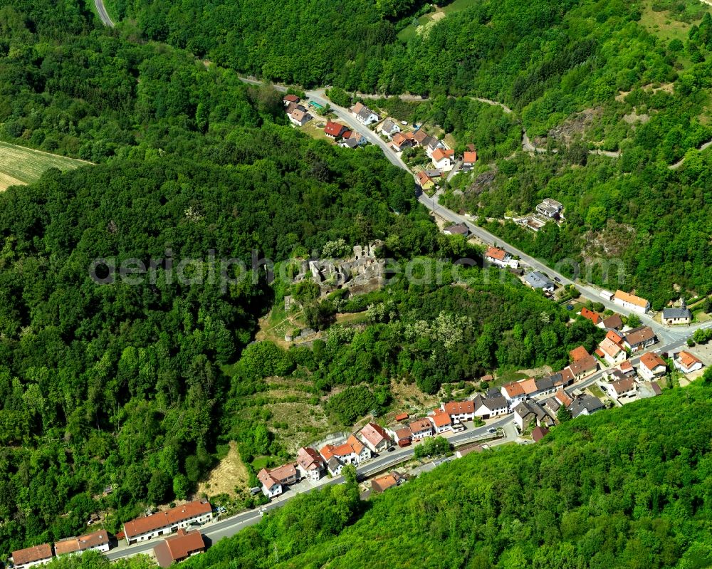 Aerial image Dalberg - View at Dalberg in Rhineland-Palatinate. Here with castle ruins on the Graefenbach street corner Mehlbach road