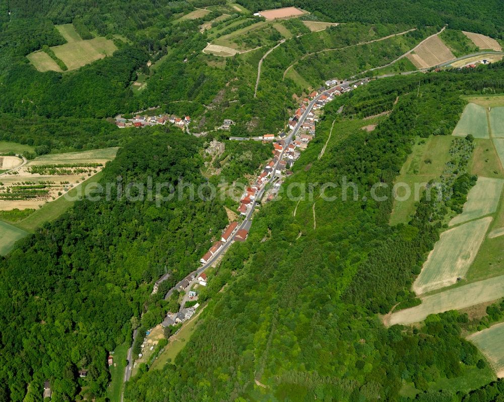 Aerial photograph Dalberg - View at Dalberg in Rhineland-Palatinate. Here with castle ruins on the Graefenbach street corner Mehlbach road