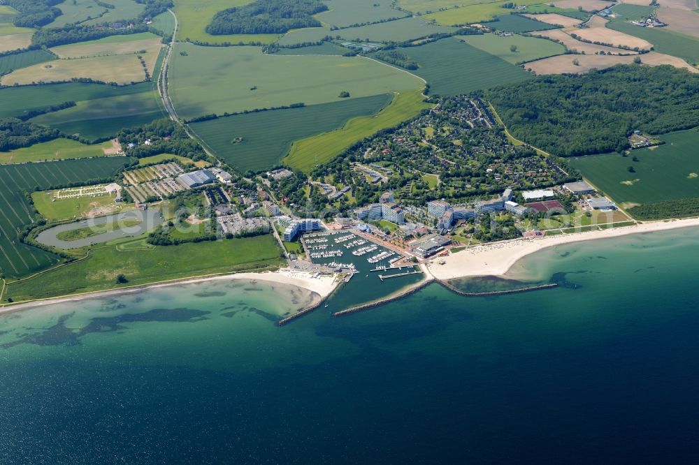 Aerial image Damp - Town view of the streets and houses of the residential areas in Damp with nearby fields at the coastline of the baltic sea in the state Schleswig-Holstein