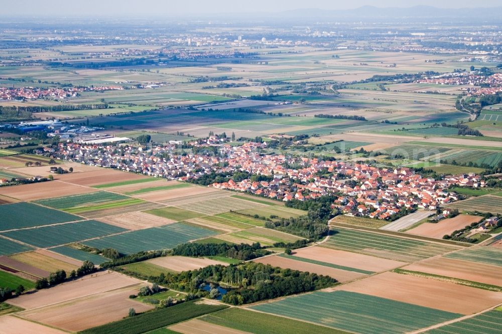 Dannstadt-Schauernheim from above - Town View of the streets and houses of the residential areas in Dannstadt-Schauernheim in the state Rhineland-Palatinate