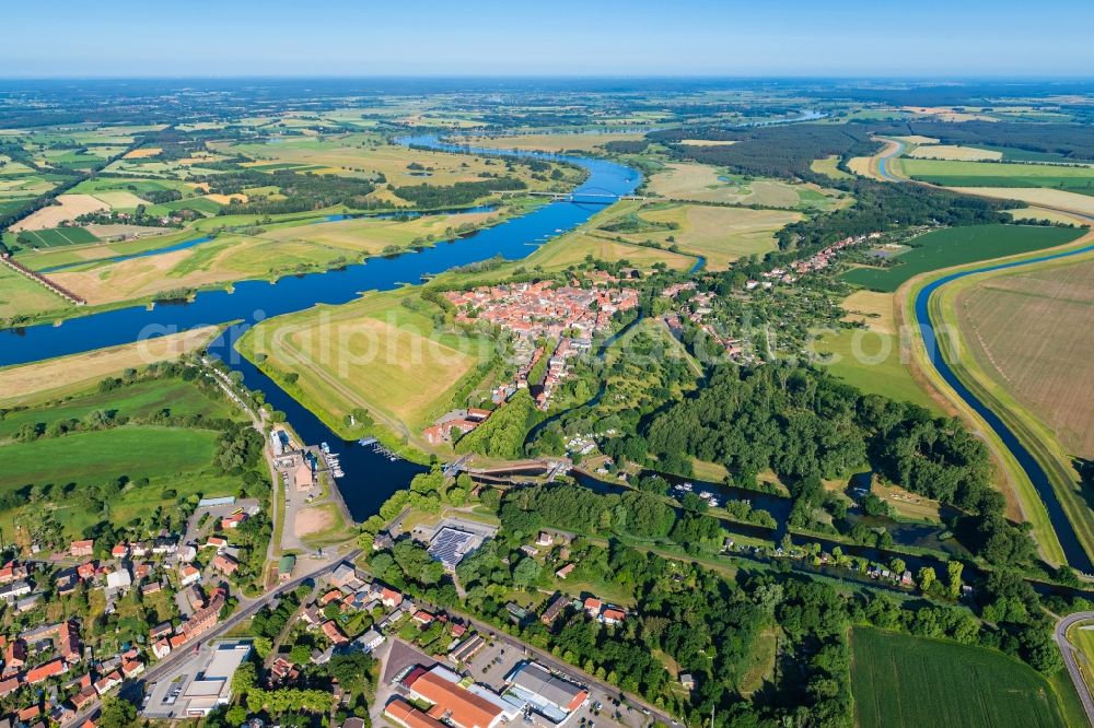 Dömitz from above - Town view of the streets and houses of the residential areas in Doemitz an der Elbe in the state Mecklenburg-Western Pomerania, Germany