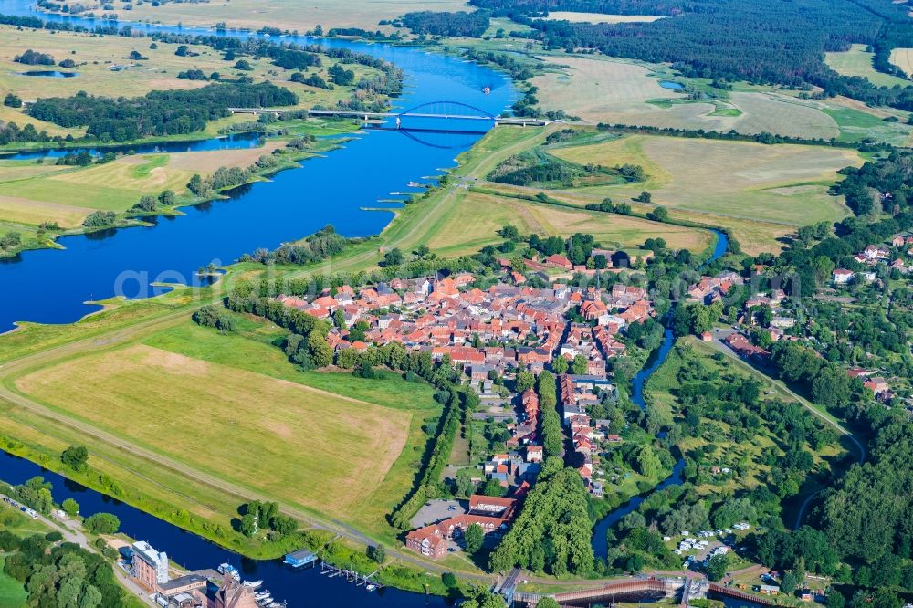 Aerial image Dömitz - Town view of the streets and houses of the residential areas in Doemitz an der Elbe in the state Mecklenburg-Western Pomerania, Germany