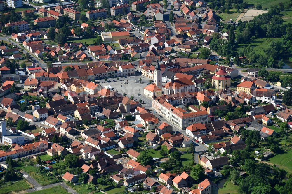 Aerial image Dobrany - Dobrzan - Town View of the streets and houses of the residential areas in Dobrany - Dobrzan in Plzensky kraj - Pilsner Region - Boehmen, Czech Republic