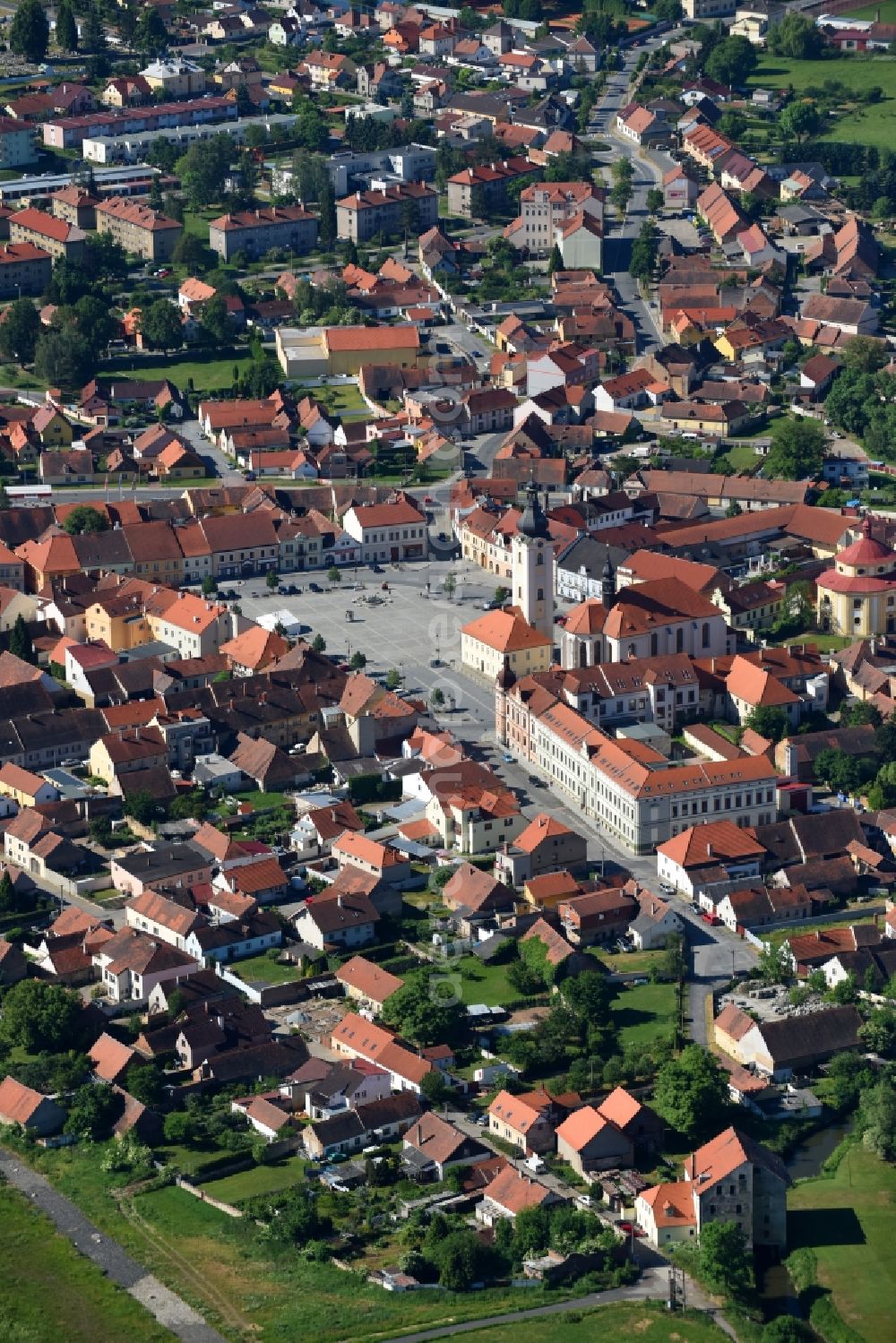 Dobrany - Dobrzan from above - Town View of the streets and houses of the residential areas in Dobrany - Dobrzan in Plzensky kraj - Pilsner Region - Boehmen, Czech Republic