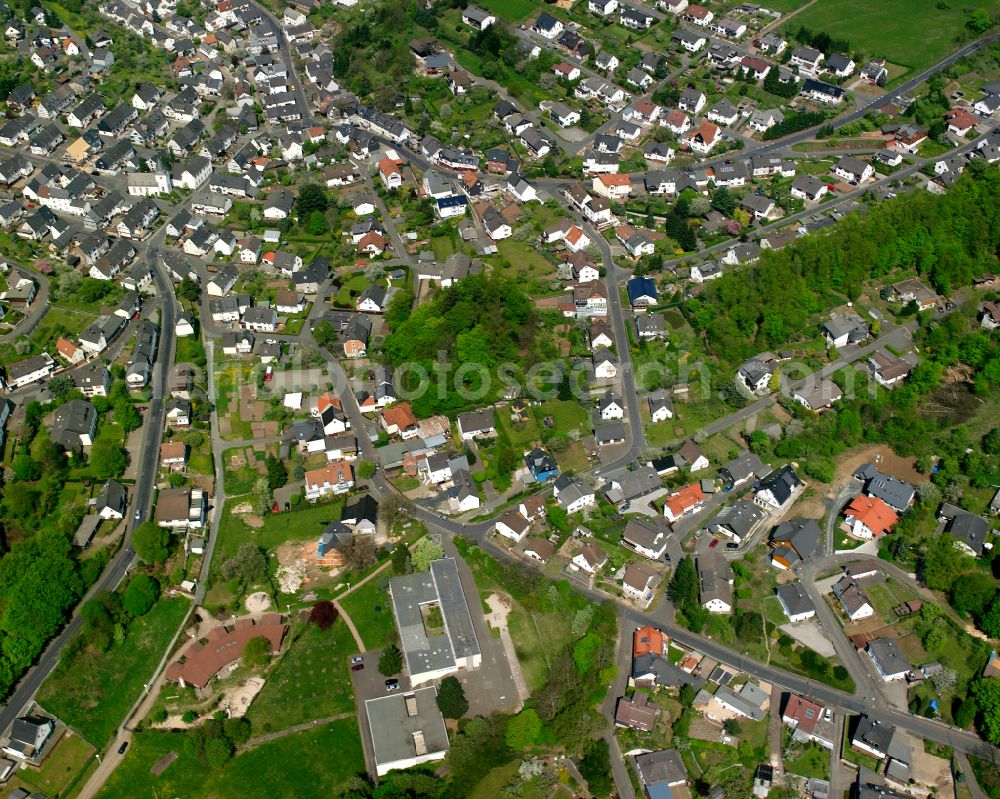 Donsbach from above - Town View of the streets and houses of the residential areas in Donsbach in the state Hesse, Germany