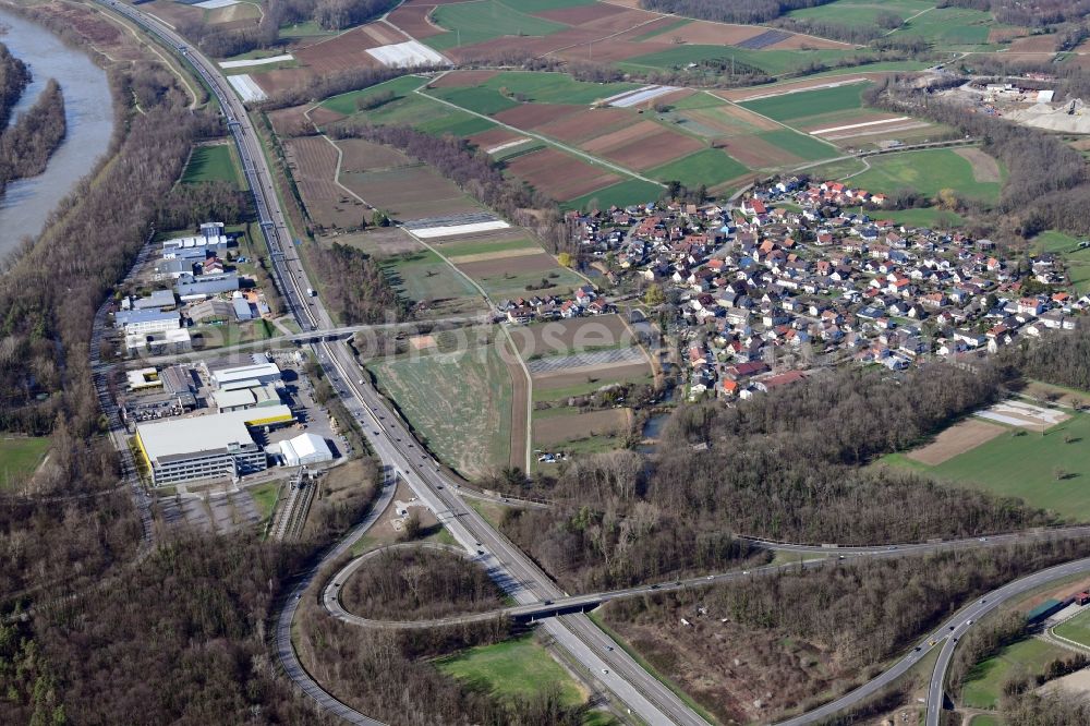 Weil am Rhein from the bird's eye view: Town view of the residential and industrial areas and the Motorway A5 / A68 in the district Maerkt in Weil am Rhein in the state Baden-Wurttemberg, Germany