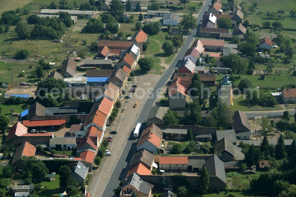 Stülpe from above - View of the village of Stuelpe in the state of Brandenburg. The village with its church from the 16th century is located in the county district of Teltow-Flaeming. The county roads L70 and L73 are meeting here