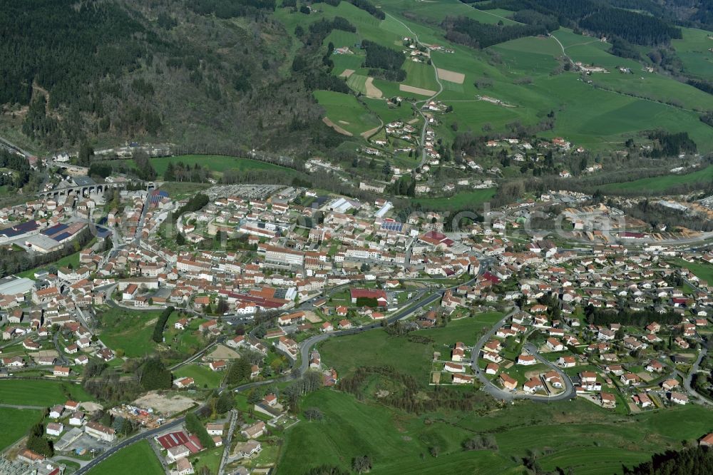 Dunières from the bird's eye view: Town View of the streets and houses of the residential areas in DuniA?res in Auvergne Rhone-Alpes, France