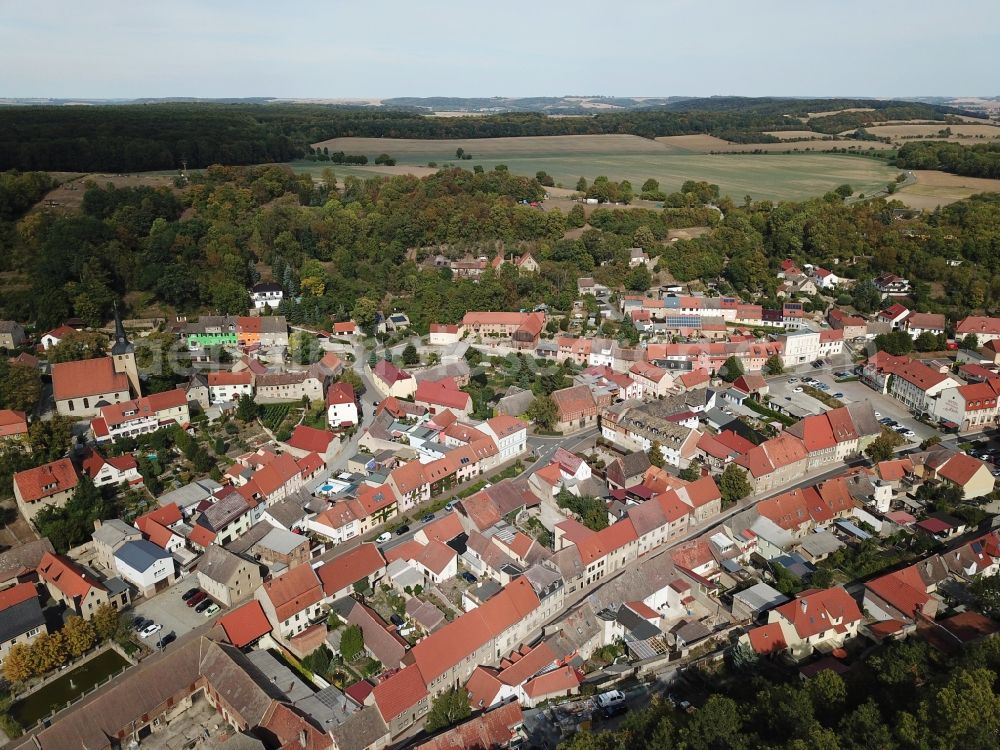 Eckartsberga from above - Town View of the streets and houses of the residential areas in Eckartsberga in the state Saxony-Anhalt, Germany