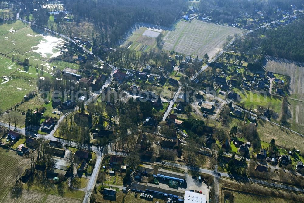 Eimke from above - Town View of the streets and houses of the residential areas in Eimke in the state Lower Saxony, Germany