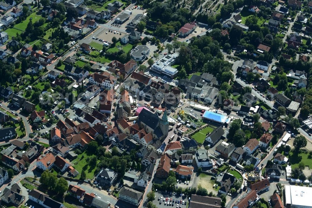 Westerkappeln from above - View of the city center including a church building at the church square in Westerkappeln in the state North Rhine-Westphalia. The building is located between Kreuzstrasse and Kirchstrasse