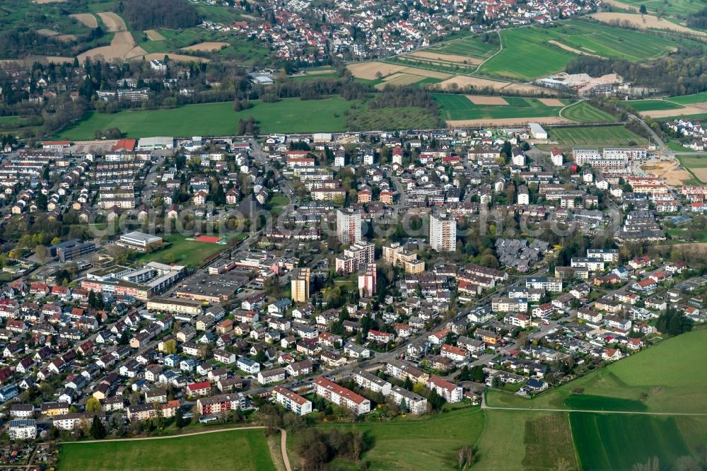 Emmendingen from above - Town View of the streets and houses of the residential areas in Emmendingen in the state Baden-Wuerttemberg, Germany