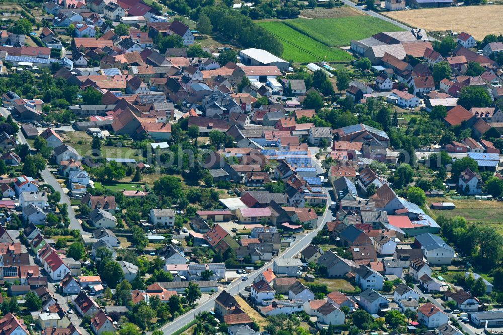 Unterpleichfeld from above - Town View of the streets and houses of the residential areas on street Burggrumbacher Strasse in Unterpleichfeld in the state Bavaria, Germany