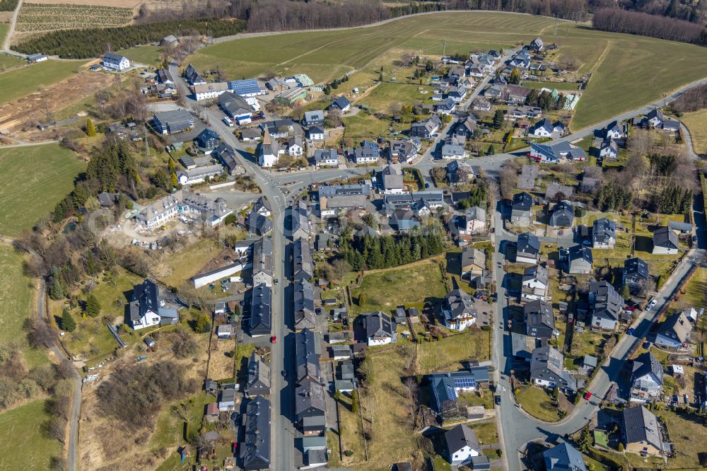 Andreasberg from above - Town View of the streets and houses of the residential areas on the village street in Andreasberg in the state North Rhine-Westphalia, Germany