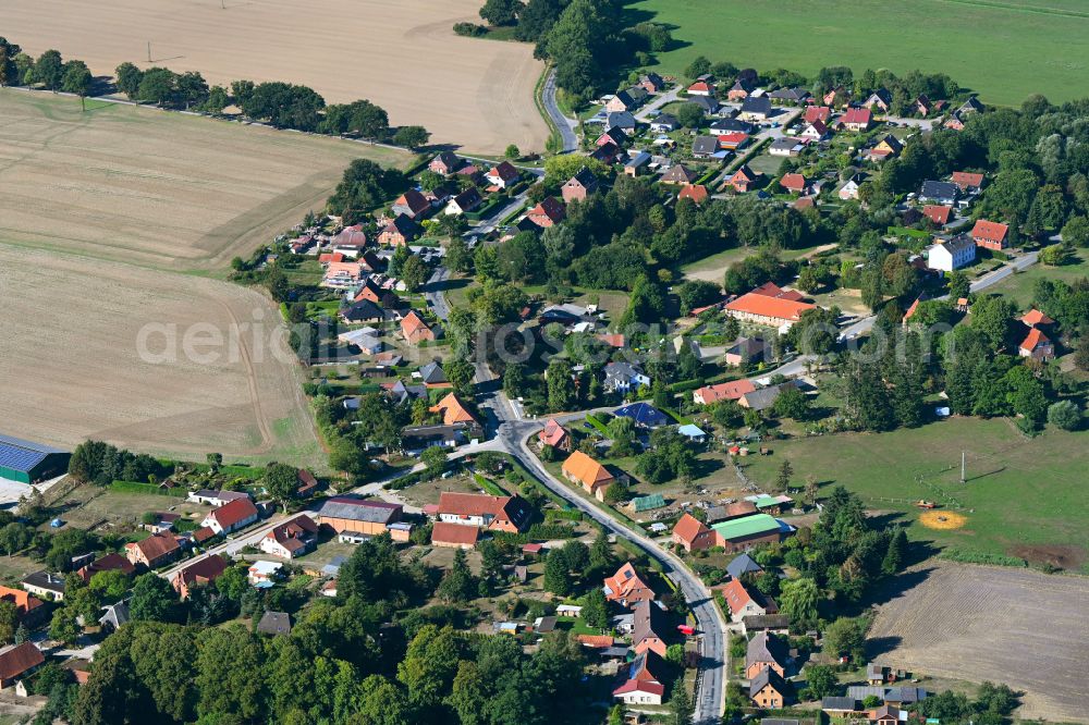 Gammelin from above - City view of the streets and houses of the residential areas along the main street in Gammelin in the state Mecklenburg - Western Pomerania, Germany