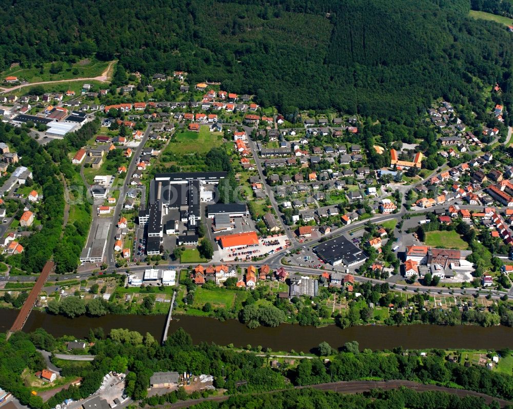 Aerial image Hann. Münden - Town View of the streets and houses of the residential areas along Hedemuendener street in Hann. Muenden in the state Lower Saxony, Germany