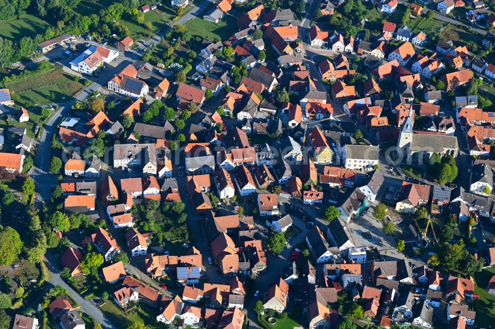 Nieheim from above - City view of the streets and houses of the residential areas along Marktstrasse in Nieheim in the state North Rhine-Westphalia, Germany