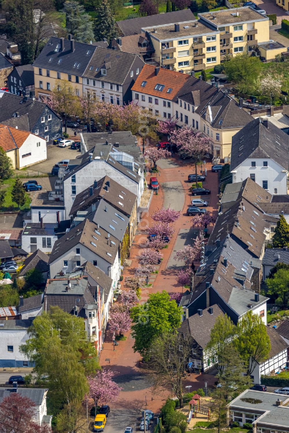 Aerial photograph Herbede - Town view of the streets and houses of the residential areas along the Meesmannstrasse with blossoming Japanese cherry trees in Herbede in the Ruhr area in the state of North Rhine-Westphalia, Germany