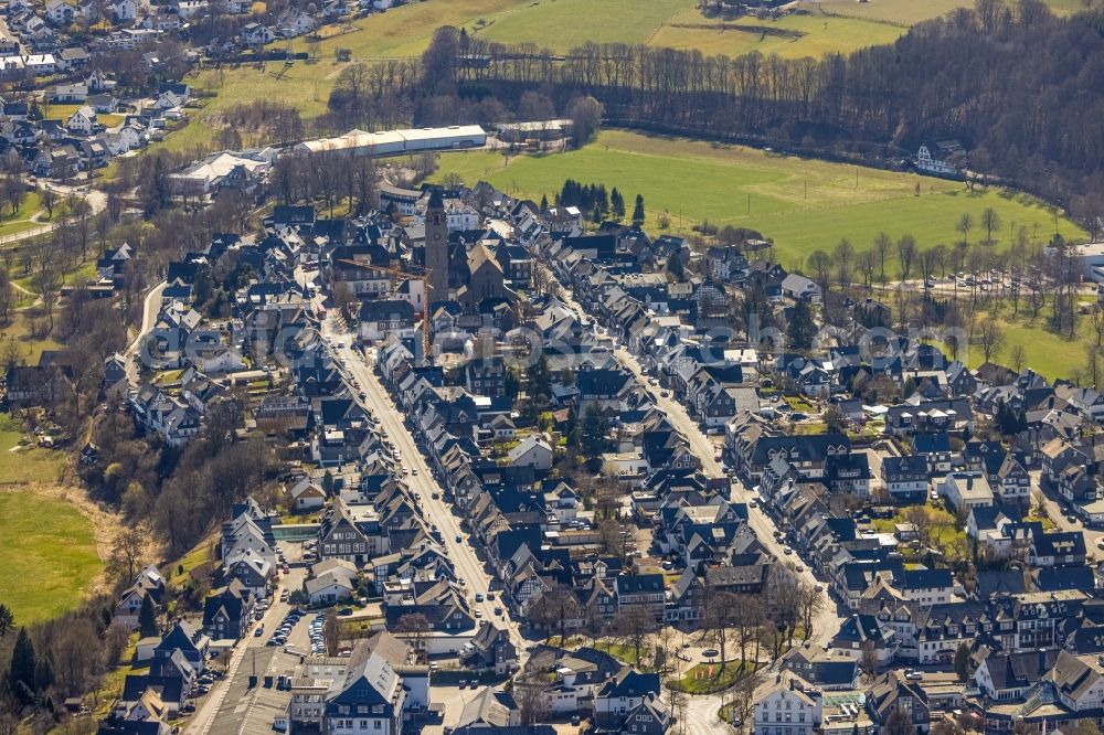 Schmallenberg from above - Town View of the streets and houses of the residential areas along the East road and West road in Schmallenberg at Sauerland in the state North Rhine-Westphalia, Germany