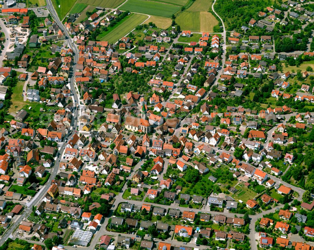 Entringen from above - Town View of the streets and houses of the residential areas in Entringen in the state Baden-Wuerttemberg, Germany