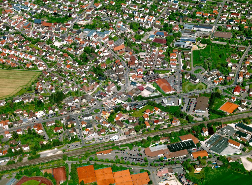 Erbach from above - Town View of the streets and houses of the residential areas in Erbach in the state Baden-Wuerttemberg, Germany