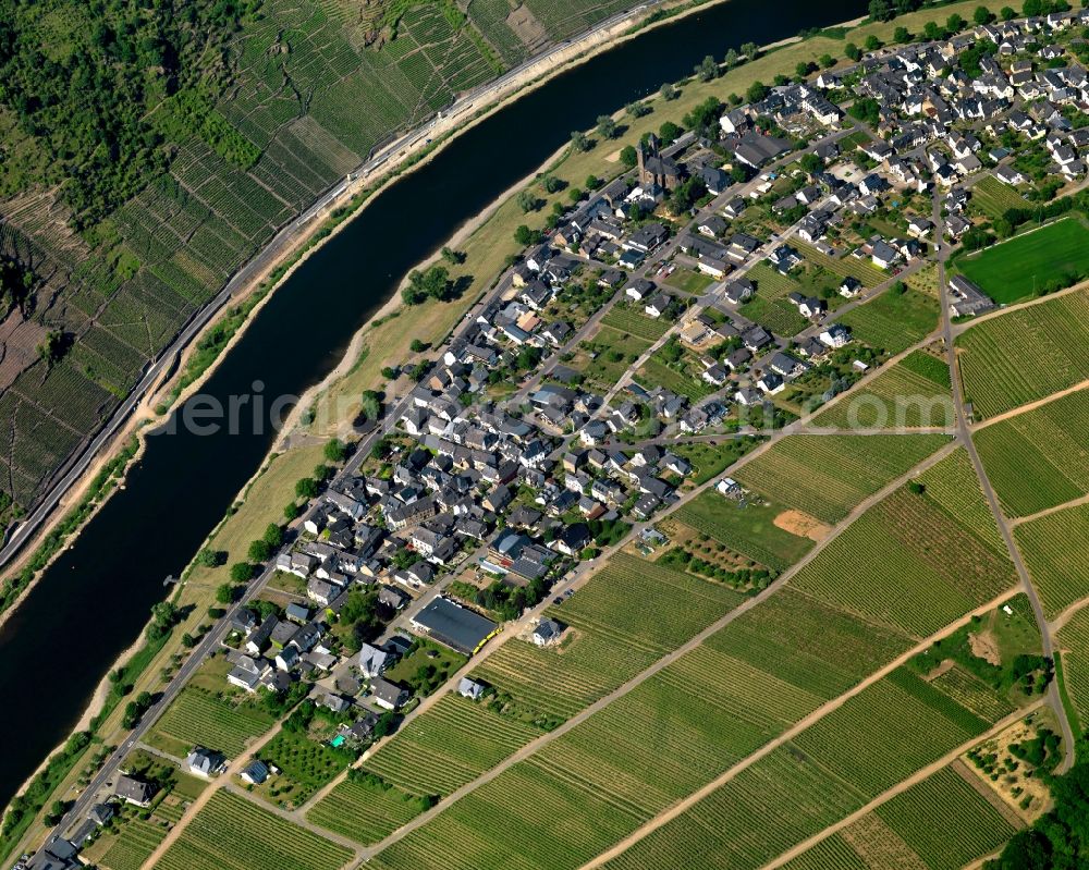 Aerial photograph Ernst - View of Ernst and the course of the river Mosel in the state of Rhineland-Palatinate. The official spa town and wine-growing town is part of the Cochem-Zell county district and is located in a bend of the river, surrounded by woods and hills