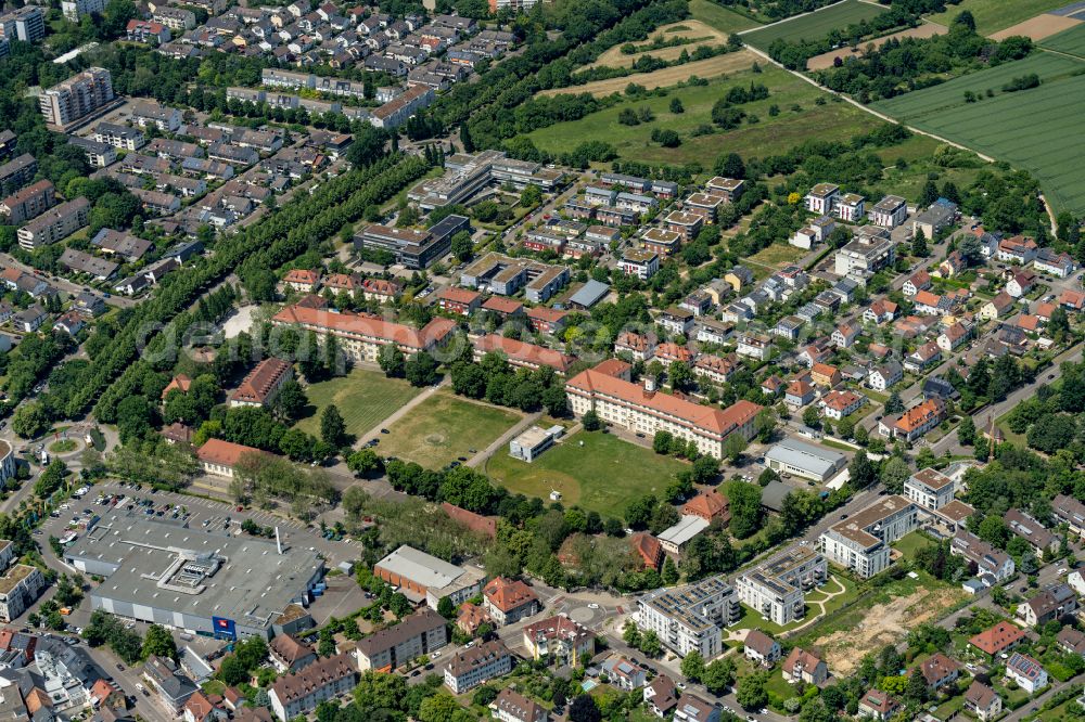 Ettlingen from above - Town View of the streets and houses of the residential areas in Ettlingen in the state Baden-Wuerttemberg, Germany