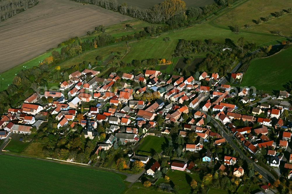 Etzleben from above - Town View of the streets and houses of the residential areas in Etzleben in the state Thuringia, Germany