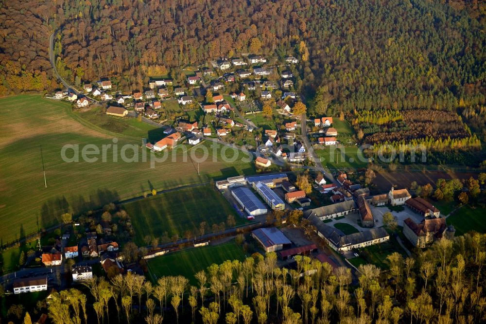 Eyrichshof from the bird's eye view: View of the village of Eyrichshof in the state of Bavaria. Eyrichshof is located in the county district of Hassberge and is surrounded by agricultural fields