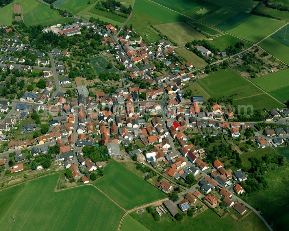 Feilbingert from the bird's eye view: View of the borough of Feilbingert in the state of Rhineland-Palatinate. The municipiality is located on the edge of the North Palatinate Mountains amidst vineyards and forest. The agricultural village with its single family houses and farms has been on site since the 11th century