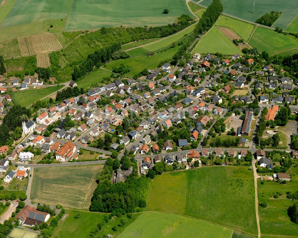 Aerial photograph Feilbingert - View of the borough of Feilbingert in the state of Rhineland-Palatinate. The municipiality is located on the edge of the North Palatinate Mountains amidst vineyards and forest. The agricultural village with its single family houses and farms has been on site since the 11th century