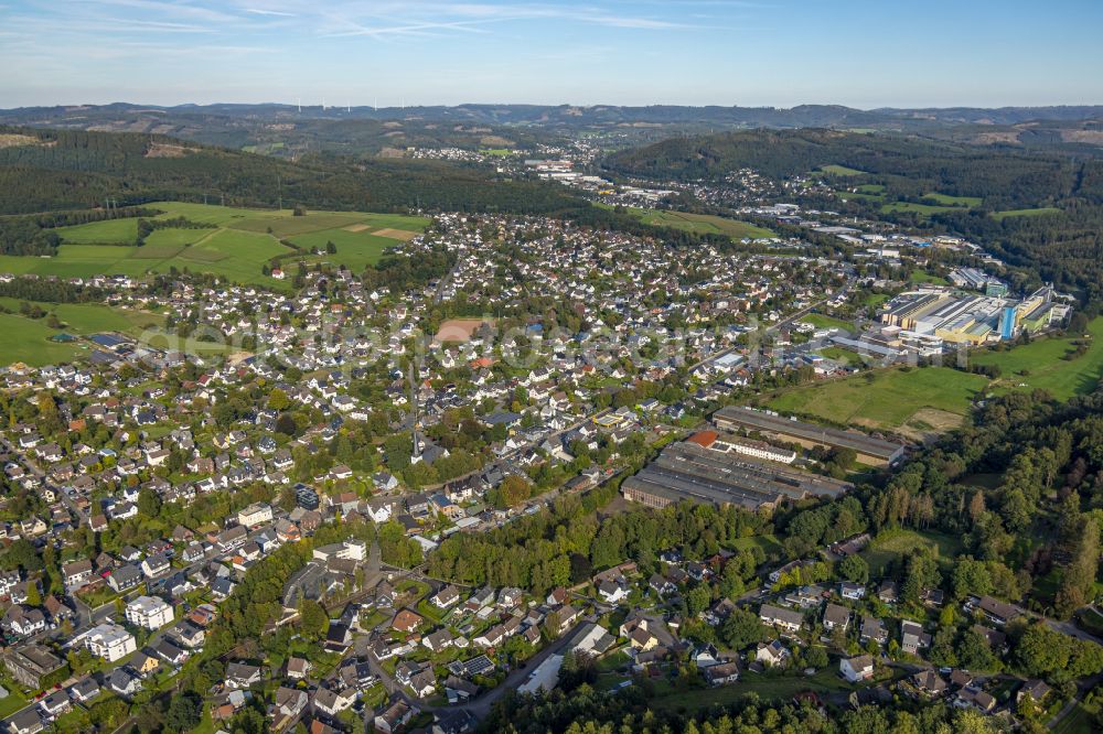 Aerial image Ferndorf - Town View of the streets and houses of the residential areas along the federal street 508 in Ferndorf in the state North Rhine-Westphalia, Germany