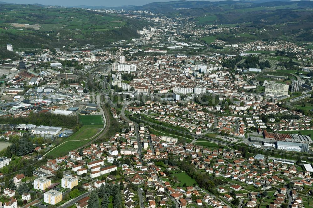 Firminy from above - Town View of the streets and houses of the residential areas in Firminy in Auvergne Rhone-Alpes, France