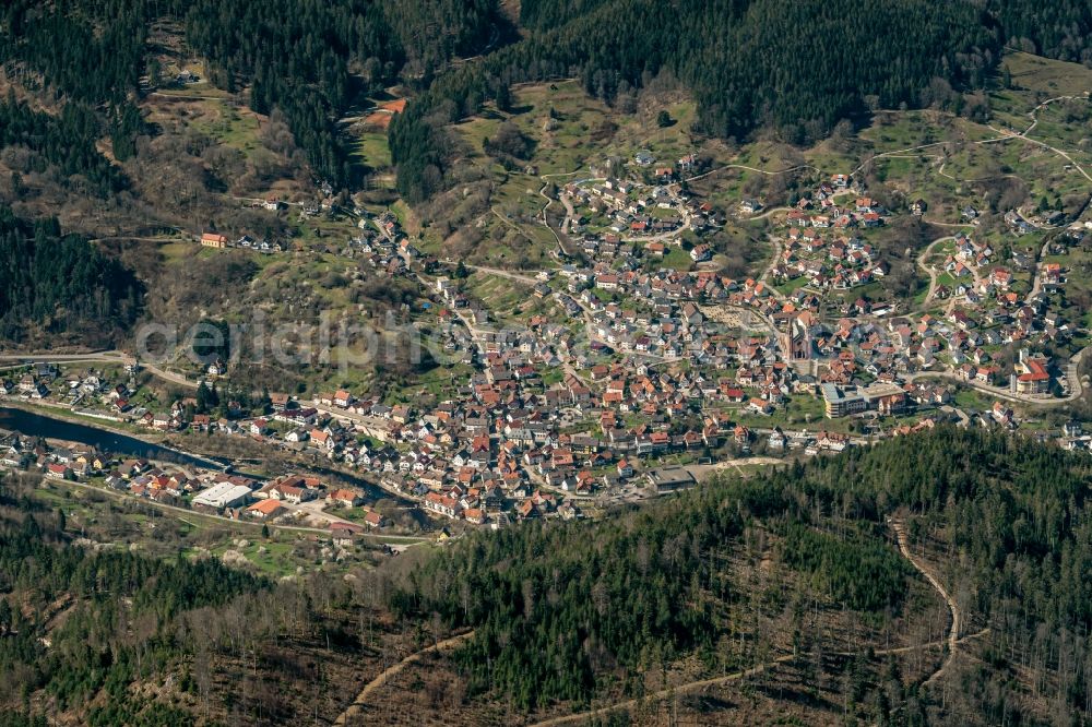 Forbach from above - Town View of the streets and houses of the residential areas in Forbach in the state Baden-Wuerttemberg, Germany