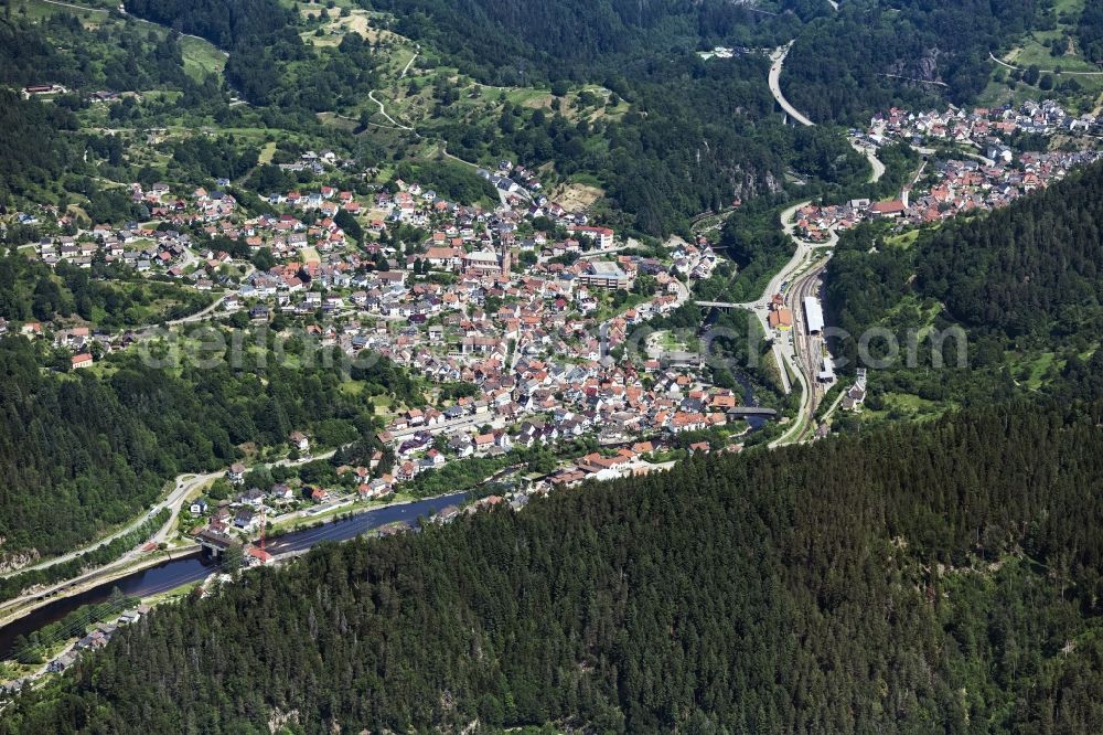 Aerial image Forbach - Town View of the streets and houses of the residential areas in Forbach in the state Baden-Wuerttemberg, Germany