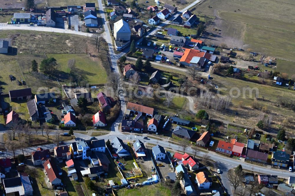 Heidesee from above - Town View of the streets and houses of the residential areas in Friedersdorf in the state Brandenburg, Germany