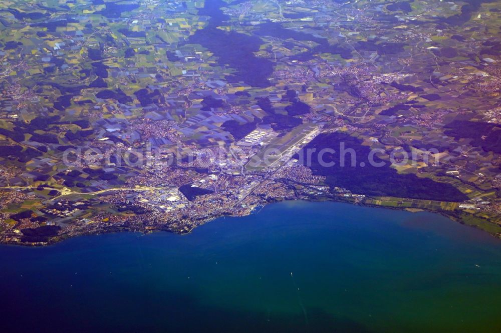 Aerial image Friedrichshafen - Town view of the streets and houses, of the airport and coastline of Lake Constance in Friedrichshafen in the state Baden-Wurttemberg, Germany