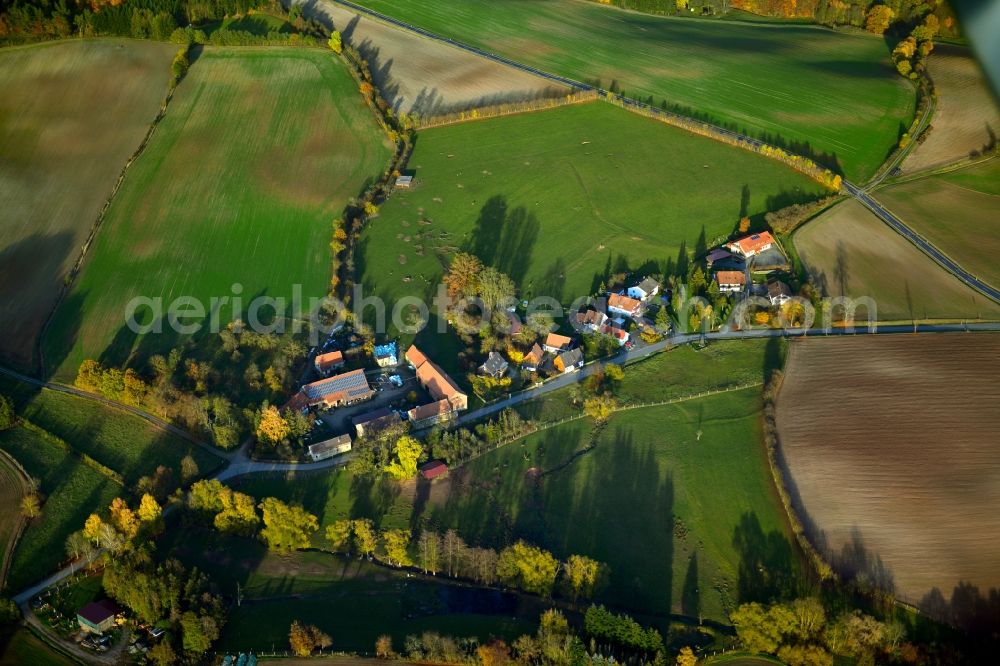 Gückelhirn from above - View of the village of Gueckelhirn in the state of Bavaria. Gueckelhirn is located in the county district of Hassberge and is surrounded by agricultural fields