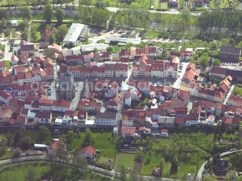 Geisa from above - Town View of the streets and houses of the residential areas in Geisa in the state Thuringia, Germany