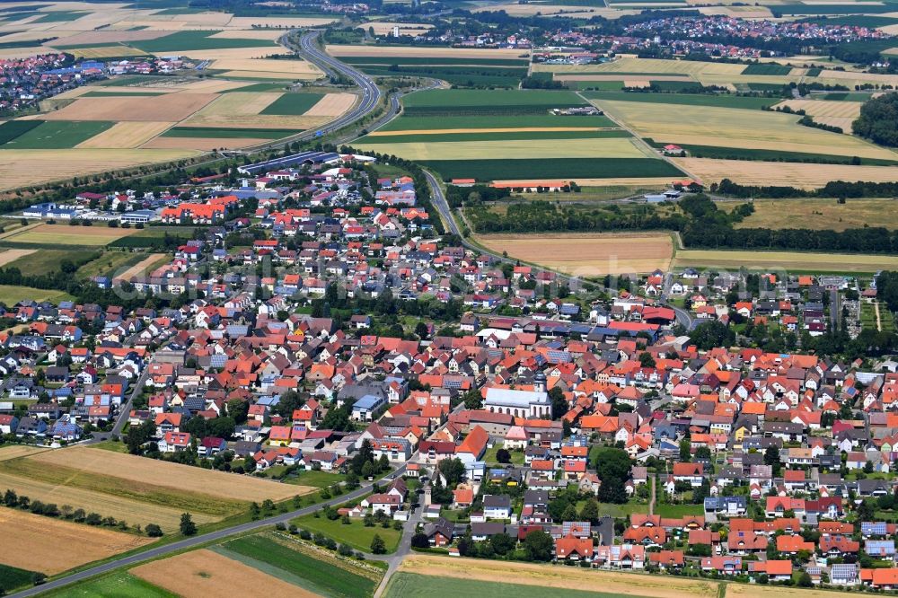 Geldersheim from above - Town View of the streets and houses of the residential areas in Geldersheim in the state Bavaria, Germany