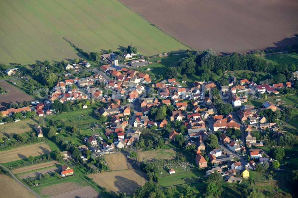 Borxleben from above - View of the borough of Borxleben in the state of Thuringia. The village consists of residential houses and farms and is surrounded by agricultural fields and trees