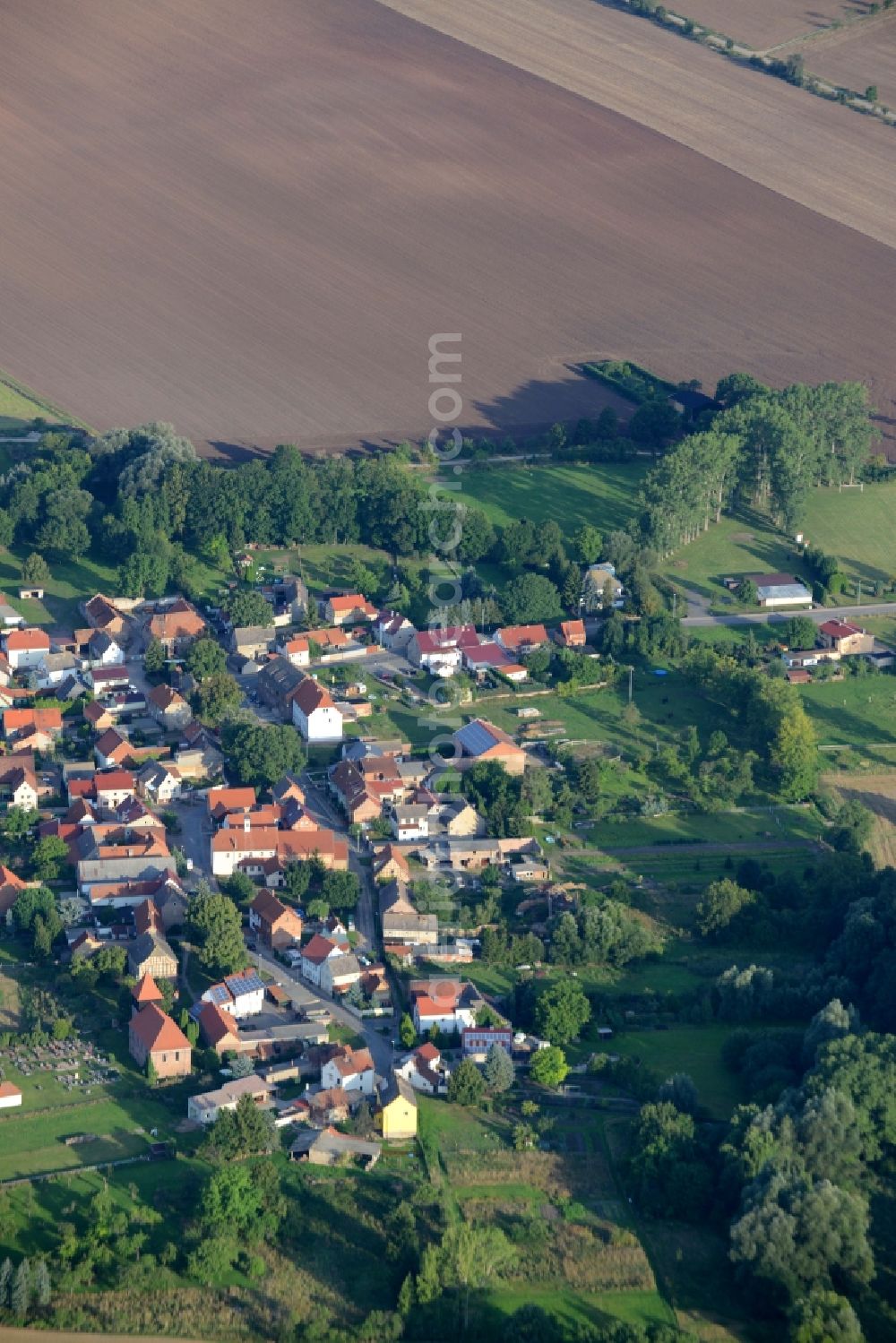 Borxleben from the bird's eye view: View of the borough of Borxleben in the state of Thuringia. The village consists of residential houses and farms and is surrounded by agricultural fields and trees