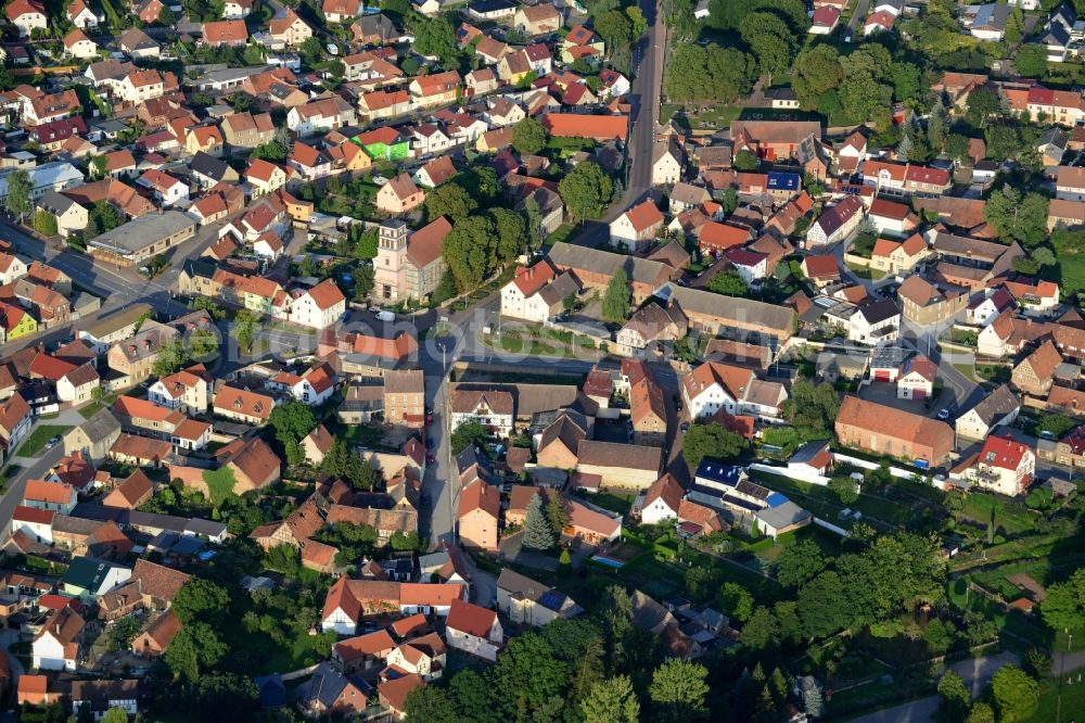 Edersleben from above - View of the borough of Edersleben in the state of Saxony-Anhalt. The village is located on federal highway B86. The church St.Bartholomew is located in its center